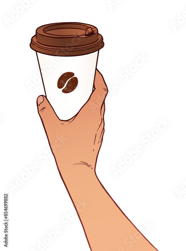 Vector hand drawn illustration of hand holding disposable paper takeaway cup with coffee bean