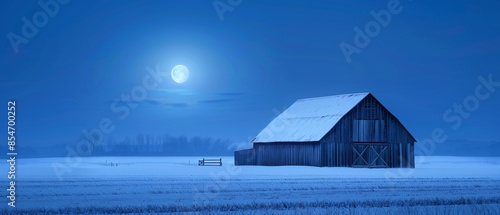 Hauntedlooking wooden barn amidst frozen vegetation, bathed in dim, chilling moonlight at night © ธนากร บัวพรหม