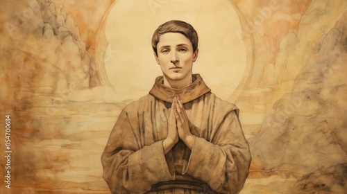 St. Gerard Majella in Prayer in 18th-Century Italy, Biblical Illustration, Beige Background, Copyspace , Biblical Illustration,Christian banner