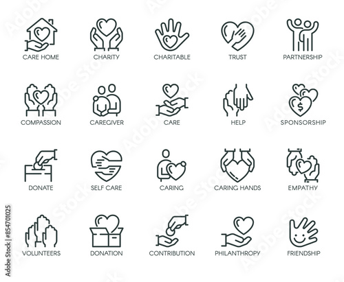 Premium Icons Pack on Charity and Donations. Such Line Signs as Volunteering and Compassion, Philanthropy Contribution and Sponsorship. Vector Icons Set for Web and App Outline Editable Stroke.
