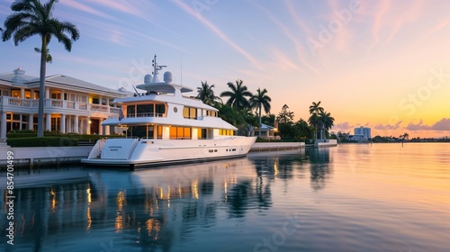 Elegant white yacht moored near a lavish estate with tropical landscaping, showcasing opulence and serenity against a clear sky