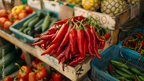 Top view of fresh red chili peppers placed on stall in local grocery market
