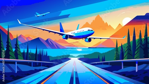 Airplane landing at airport. Vector illustration in cartoon style. Travel concept.