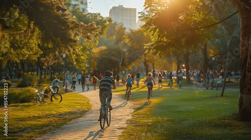 Fototapeta Naklejka Na Ścianę i Meble -  A bustling city park with people jogging, cycling, and enjoying outdoor activities, capturing urban vitality