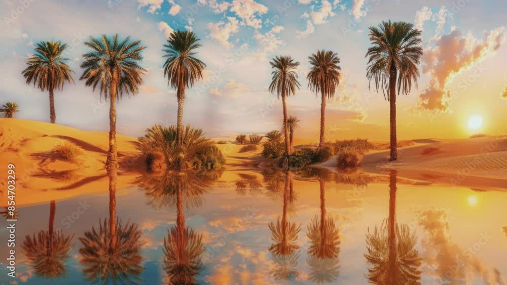 In the heart of the desert, a tranquil oasis with lush palm trees and vegetation, reflecting the sky.
In the heart of the desert, a tranquil oasis with lush palm trees and vegetation, reflecting the sky.