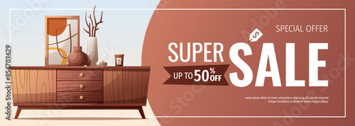 Banner design with wooden chest of drawers and decorative vases. Interior design, home decor, furniture, living room concept. Vector illustration for banner, promo, advertising.