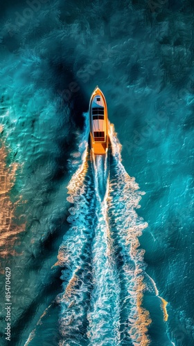 Top view of a boat sailing on the surface of the water making waves.