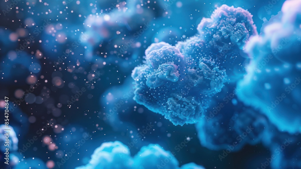 Microscopic Blue Cloud Structures - Abstract representation of microscopic blue cloud-like structures with glowing particles, creating a surreal and scientific atmosphere. Microscopic Blue Cloud Structures - Abstract representation of microscopic blue cloud-like structures with glowing particles, creating a surreal and scientific atmosphere.