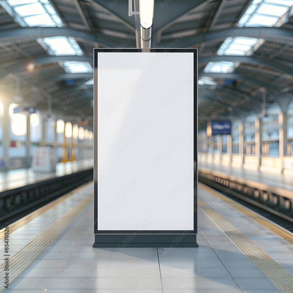 Blank advertising billboard at a modern train station with tracks on both sides, great for your customized content. Blank advertising billboard at a modern train station with tracks on both sides, great for your customized content.