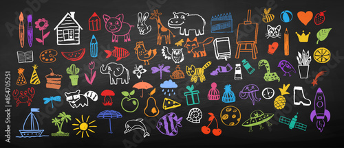 Vector color chalk drawn line art child drawings style illustration set