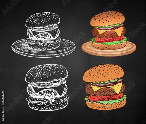 Chalk drawing of burger sandwich fast food meal with cutlet and cheese. Vector illustration collection on chalkboard background.