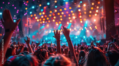A lively music festival with live performances, colorful lights, and a cheering crowd,