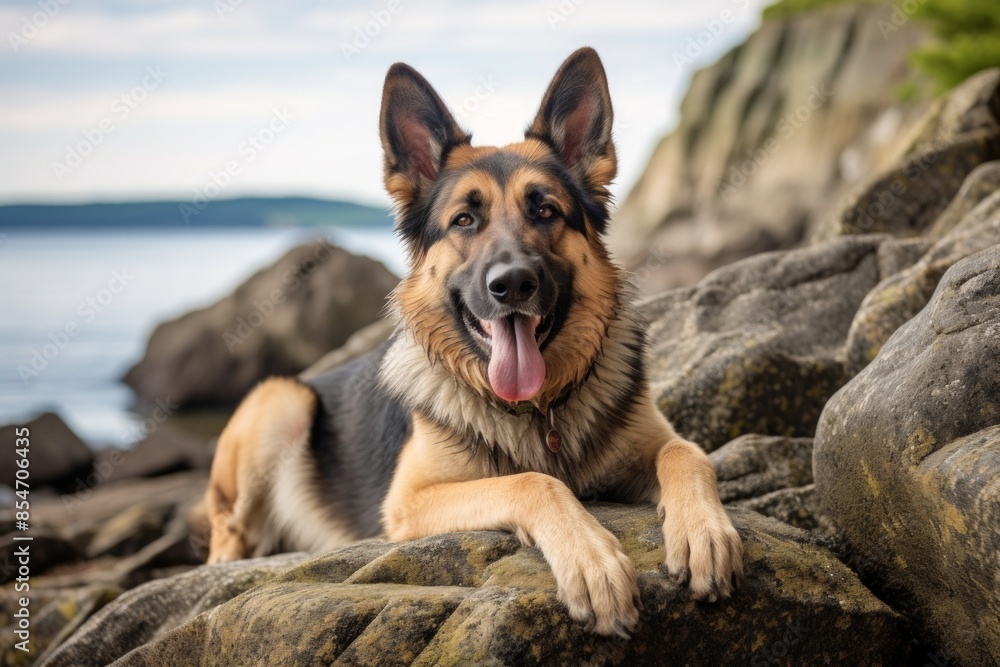 Portrait of a smiling german shepherd in rocky shoreline background Portrait of a smiling german shepherd in rocky shoreline background