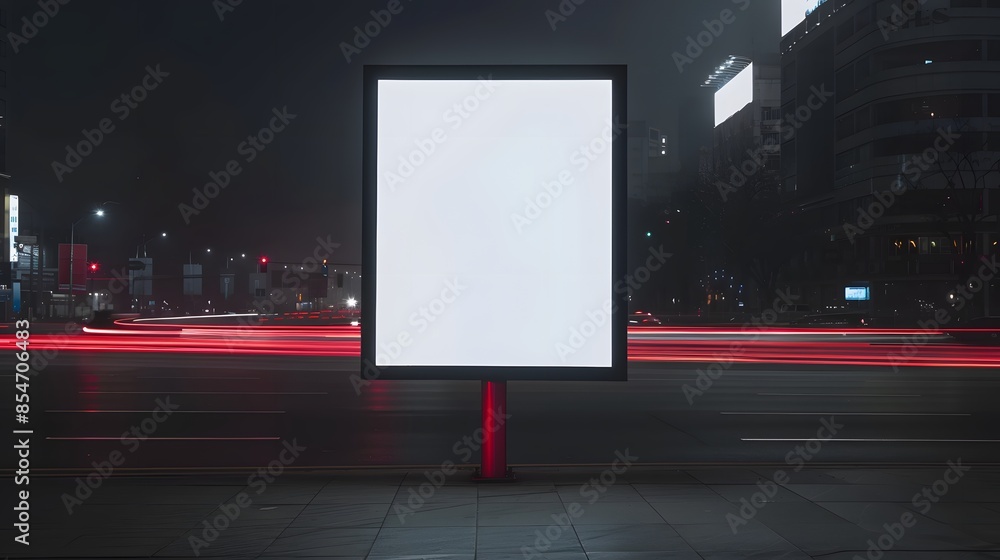 Blank billboard in city street at night with blurred lights from