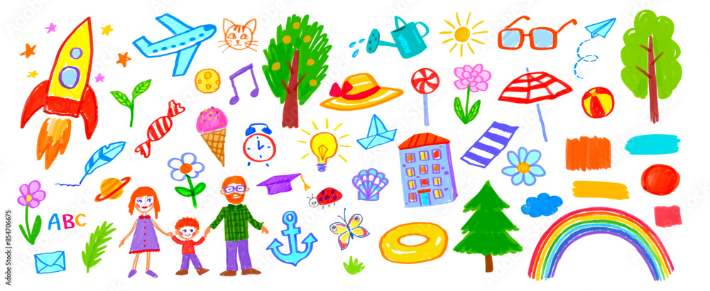 Felt pen hand drawn vector illustrations set of child drawings and doodles Felt pen hand drawn vector illustrations set of child drawings and doodles