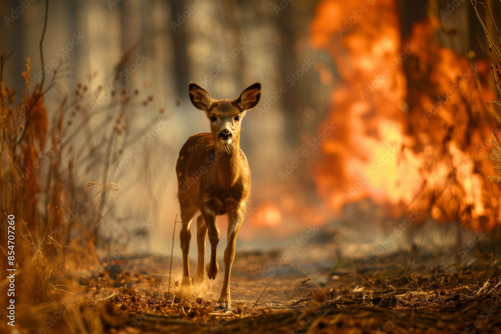 Deer runs from burning forest. Wild forest fire. Wild animal in the midst of fire and smoke. Environmental concept Deer runs from burning forest. Wild forest fire. Wild animal in the midst of fire and smoke. Environmental concept