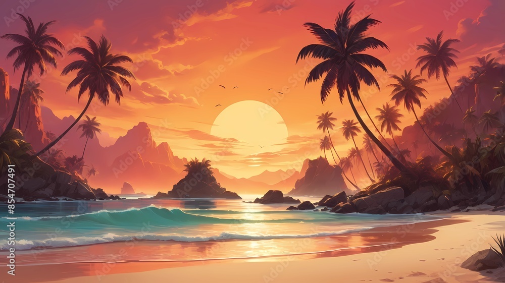 beach view of palm trees with sunset rays beach view of palm trees with sunset rays