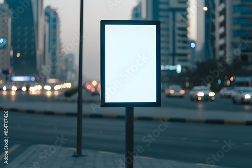 Blank billboard on a city street with blurred buildings and traffic in the background, ideal for advertisement mockup or urban design projects.