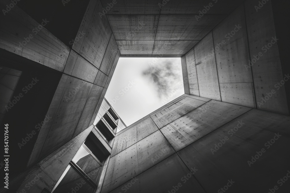 Obraz premium Black and white photo showing a modern concrete building with geometric lines and an open view of the sky.