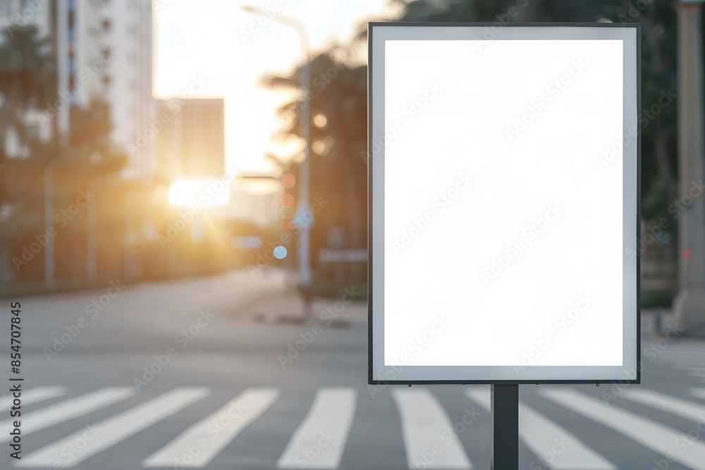 Blank billboard on city street during sunrise, ideal for advertisement mockups and urban promotional designs. Blank billboard on city street during sunrise, ideal for advertisement mockups and urban promotional designs.