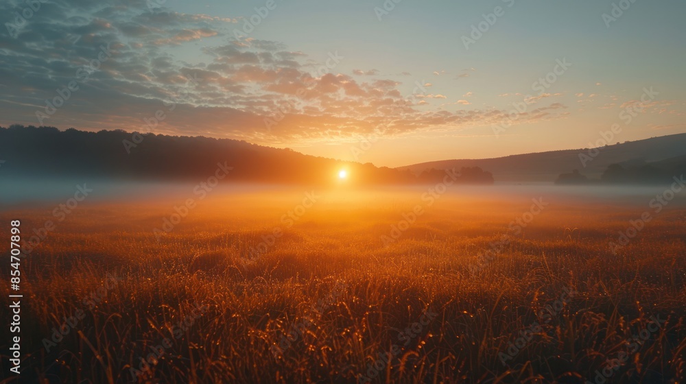 A peaceful sunrise over a foggy field, with soft light illuminating the landscape A peaceful sunrise over a foggy field, with soft light illuminating the landscape