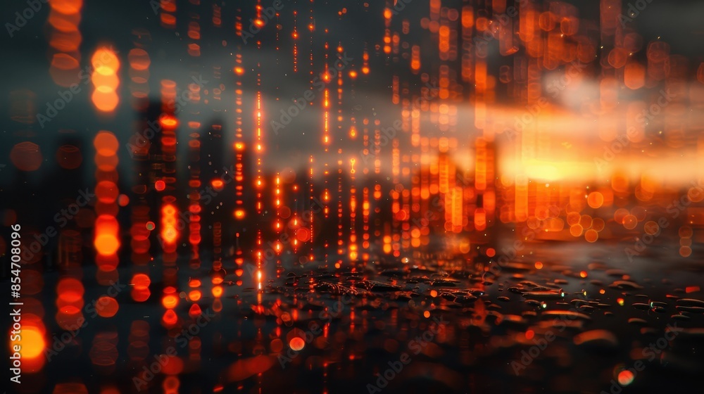 Fototapeta premium Futuristic technology in finance, holograms of stock market charts, urban skyline background, The images are of high quality and clarity