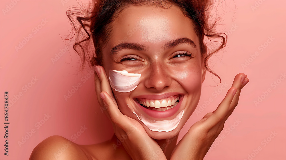 Joyful woman laughing while applying skincare cream, highlighting the fun and joy of self-care routines Joyful woman laughing while applying skincare cream, highlighting the fun and joy of self-care routines