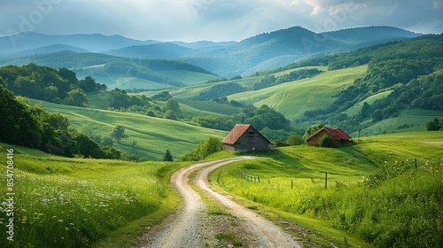 A picturesque countryside landscape with rolling hills, a winding road, and a rustic barn