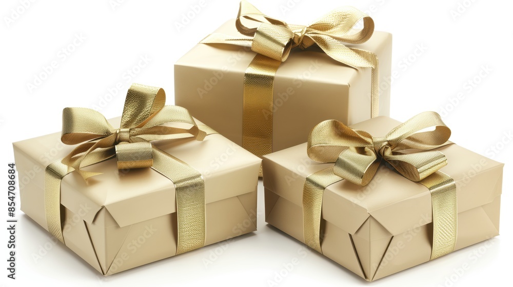 Elegantly wrapped gifts with gold ribbons on a white background Elegantly wrapped gifts with gold ribbons on a white background