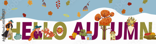 Autumn composition with flat text, huge letters. Fall symbols, hello fall, thanksgiving, characters of people. Hand drawn vector.