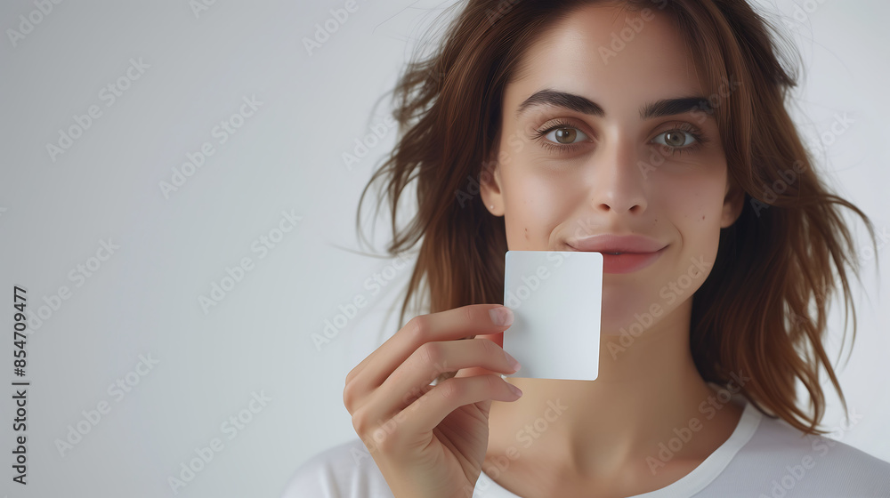 Smiling woman holding a blank paper sign, ready for customization, against a simple white background Smiling woman holding a blank paper sign, ready for customization, against a simple white background