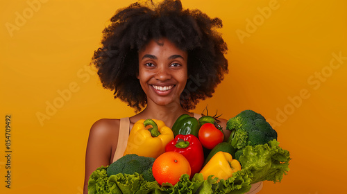 Smiling woman holding a colorful assortment of fresh vegetables, promoting healthy eating