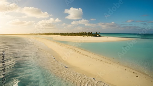 Sand spit of a tropical island extending into the distance. Lovely bright summer scene with white sand ocean side.