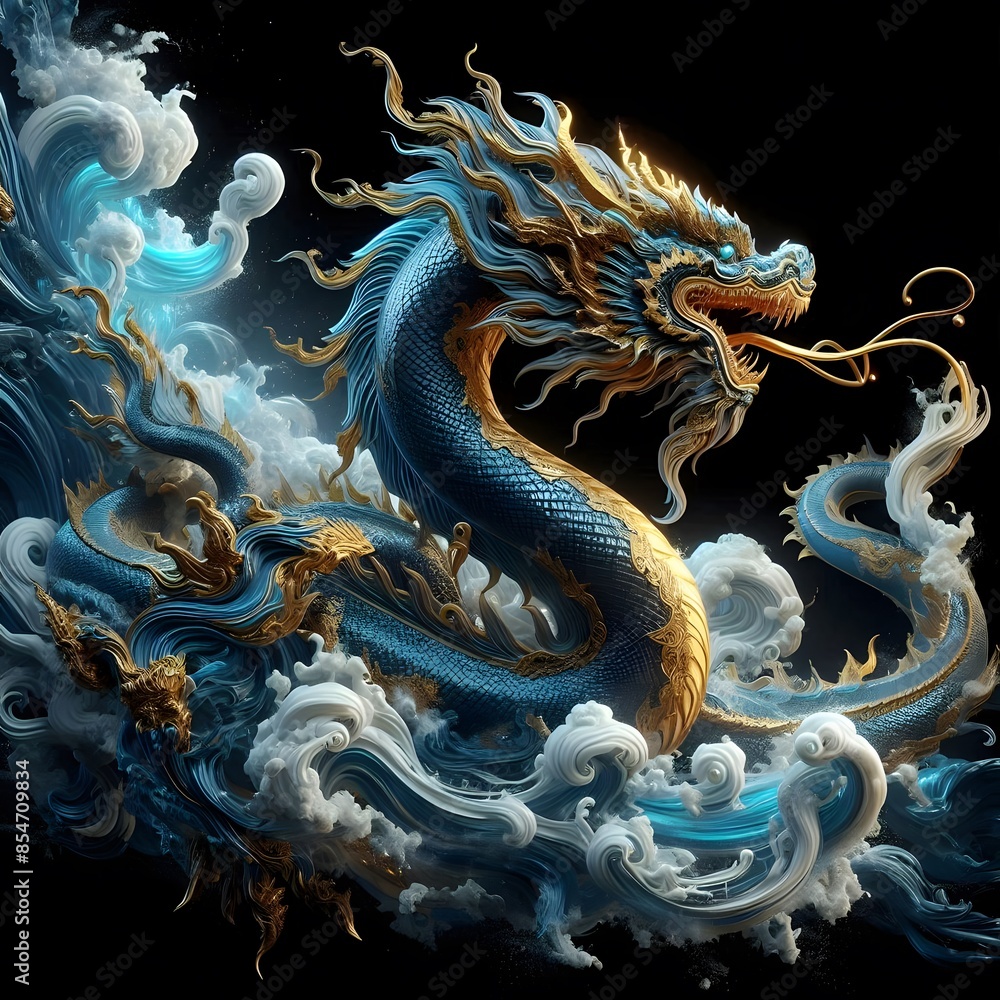 Obraz premium Dragon full body with dynamic pose, white electricity, glossy (blue gold) transparent and (white) smoke splash