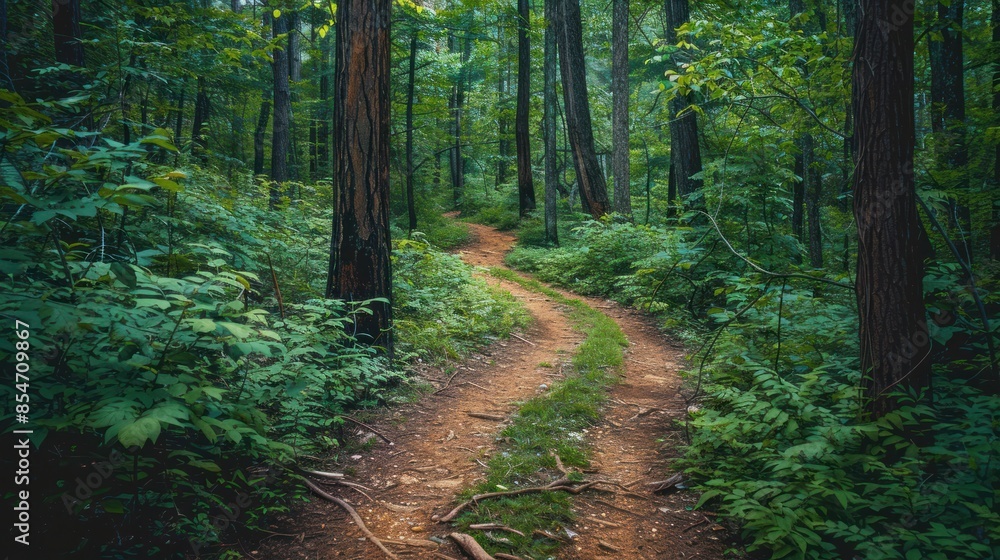 Obraz premium A tranquil hiking trail winding through a dense forest, offering a peaceful escape into nature