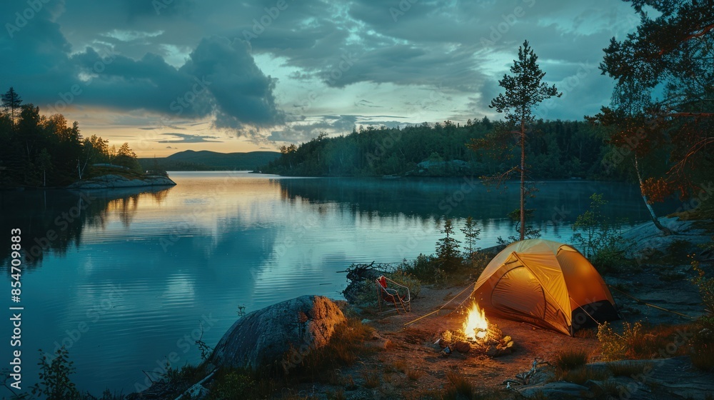 A tranquil lakeside campsite with a tent, a campfire, and a stunning view of the water at sunset A tranquil lakeside campsite with a tent, a campfire, and a stunning view of the water at sunset
