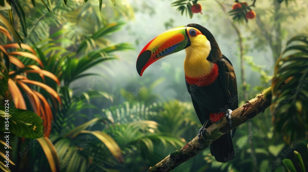 Obraz premium Photograph of a colorful toucan perched on a branch, its vibrant beak and plumage standing out against the tropical rainforest backdrop.