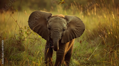 Photograph of a curious baby elephant exploring its surroundings with its trunk.