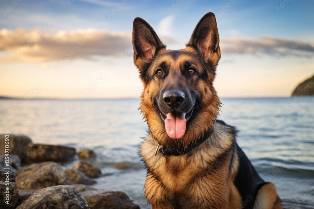 Portrait of a happy german shepherd in front of calm bay background Portrait of a happy german shepherd in front of calm bay background