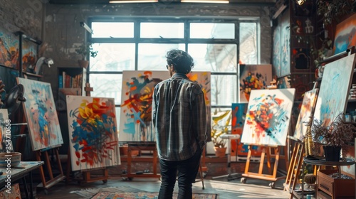 A vibrant art studio with canvases, paintbrushes, and an artist at work, capturing the creative process