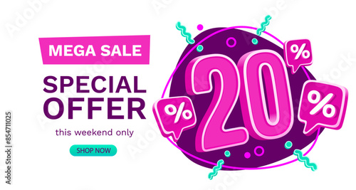 20 percent Special offer mega sale, Check and gift box. Sale banner and poster. Vector illustration.