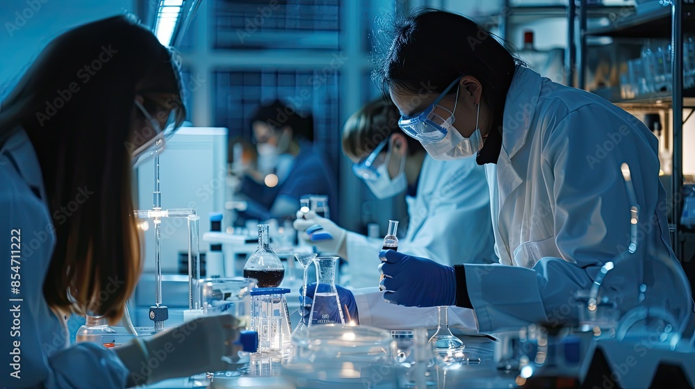 Photograph of a group of scientists working together in a laboratory, their shared passion for discovery driving their collaboration. Photograph of a group of scientists working together in a laboratory, their shared passion for discovery driving their collaboration.
