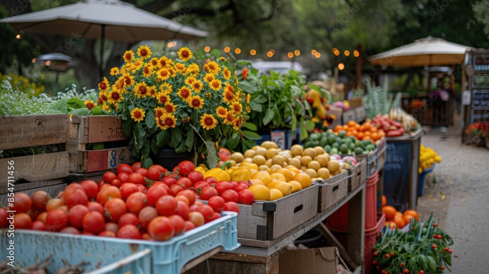 A vibrant farmer's market with fresh produce, flowers, and local crafts, bustling with activity A vibrant farmer's market with fresh produce, flowers, and local crafts, bustling with activity