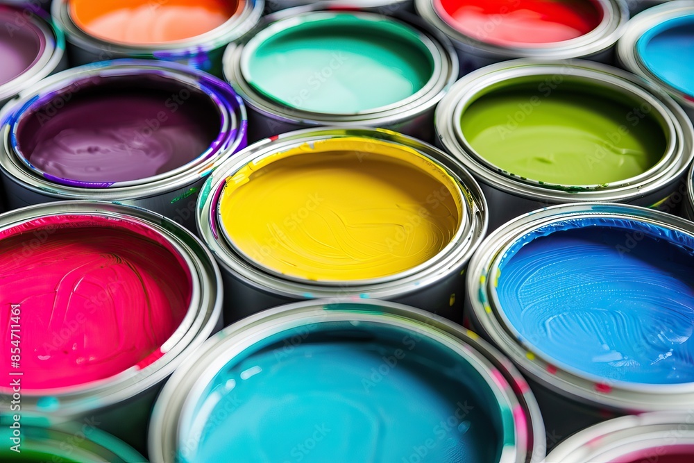 Fototapeta premium Close-up of Open Paint Cans with Vibrant Colors for Creative Projects