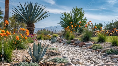 Beautiful Desert Garden with Succulents, Flowers, and Rocky Landscape on a Sunny Day