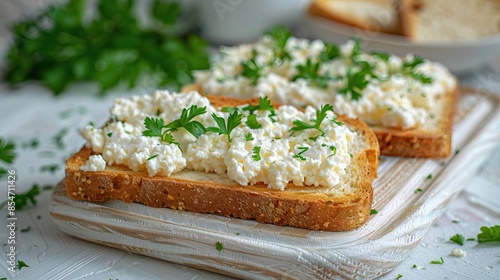 Fresh Cottage Cheese Spread on Whole Grain Bread with Parsley Garnish