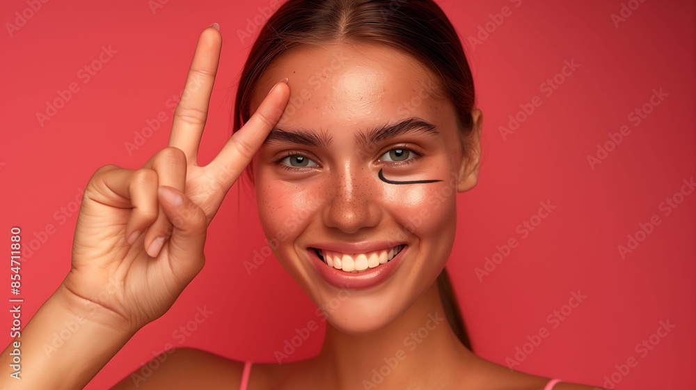 Smiling young woman applying nourishing eye cream with a cheerful expression on a red background Smiling young woman applying nourishing eye cream with a cheerful expression on a red background