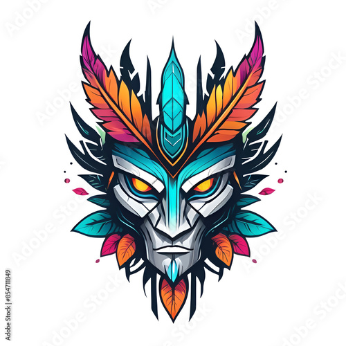 A colorful mask with feathers and leaves on it