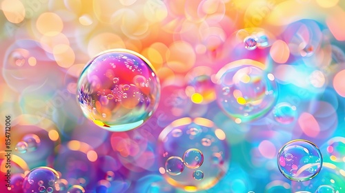 Colorful Abstract Background with Floating Soap Bubbles and Bokeh Light Effects