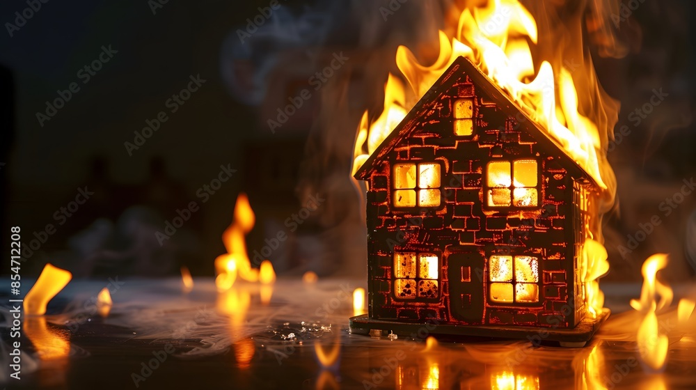 Close-up of a miniature house on fire Close-up of a miniature house on fire
